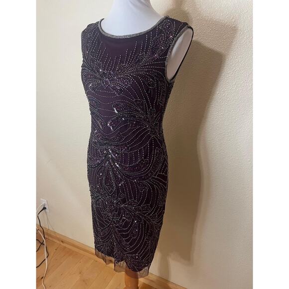 Adrianna Papell Art Deco Beaded Cocktail Dress Purple Silver Sequin Glam Women 4 - Picture 3 of 7